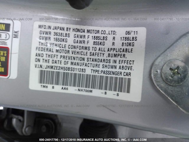 JHMZE2H50BS011283 - 2011 HONDA INSIGHT LX SILVER photo 9