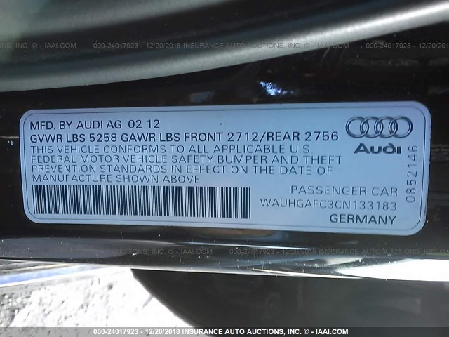 WAUHGAFC3CN133183 - 2012 AUDI A6 PRESTIGE BLACK photo 9