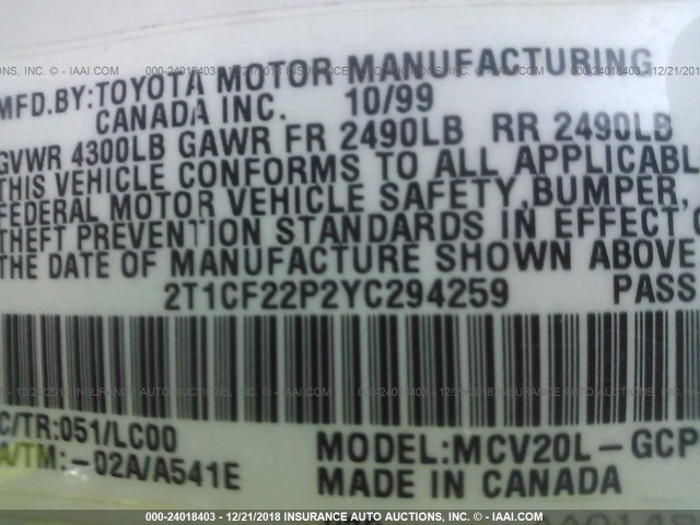 2T1CF22P2YC294259 - 2000 TOYOTA CAMRY SOLARA SE/SLE Ağ foto 9