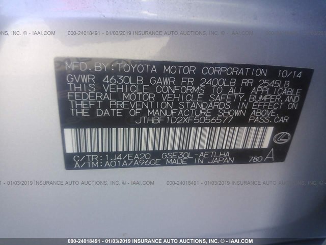 JTHBF1D2XF5056577 - 2015 LEXUS IS 250 SILVER photo 9