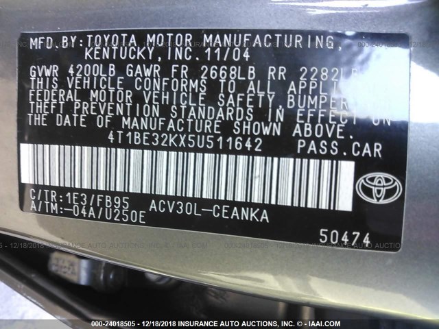 4T1BE32KX5U511642 - 2005 TOYOTA CAMRY LE/XLE/SE GRAY photo 9