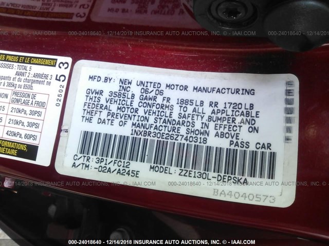 1NXBR30E26Z740318 - 2006 TOYOTA COROLLA CE/LE/S RED photo 9