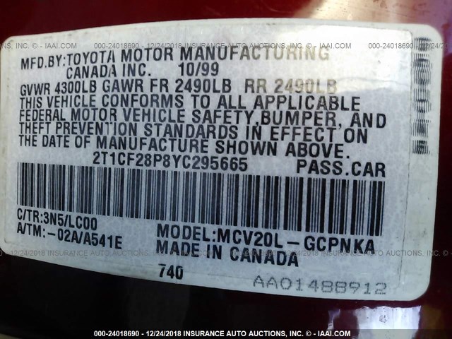 2T1CF28P8YC295665 - 2000 TOYOTA CAMRY SOLARA SE/SLE Qırmızı foto 9