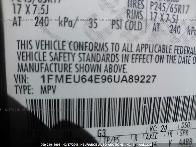 1FMEU64E96UA89227 - 2006 FORD EXPLORER EDDIE BAUER BLACK photo 9