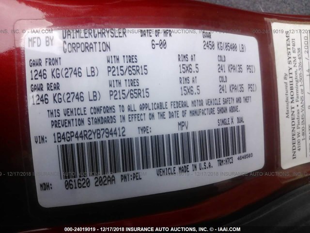 1B4GP44R2YB794412 - 2000 DODGE GRAND CARAVAN SE/SPORT RED photo 9