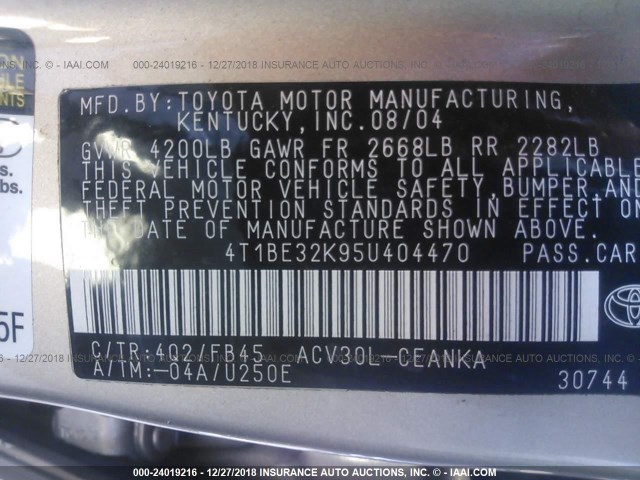 4T1BE32K95U404470 - 2005 TOYOTA CAMRY LE/XLE/SE TAN photo 9