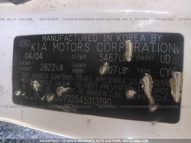 KNDJD733545313190 - 2004 KIA SORENTO EX/LX WHITE photo 9