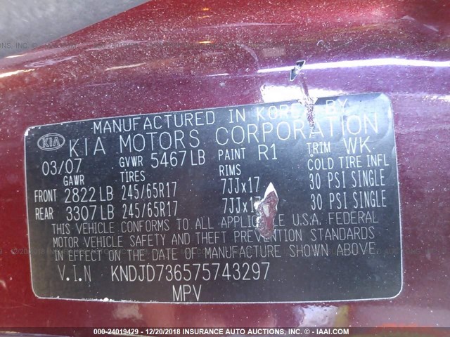 KNDJD736575743297 - 2007 KIA SORENTO EX/LX MAROON photo 9