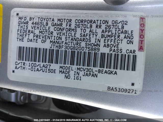 JTHBF30G820075889 - 2002 LEXUS ES 300 SILVER photo 9