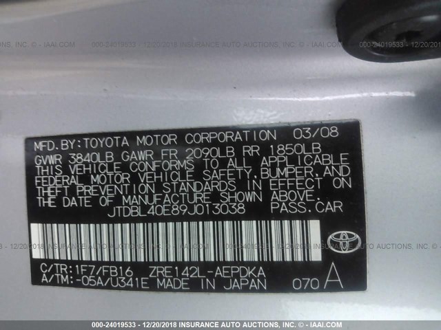 JTDBL40E89J013038 - 2009 TOYOTA COROLLA LE/XLE SILVER photo 9