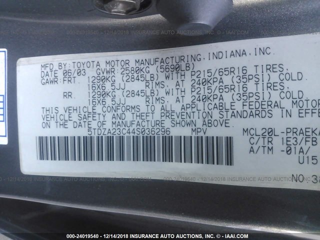 5TDZA23C44S036296 - 2004 TOYOTA SIENNA CE/LE GRAY photo 9