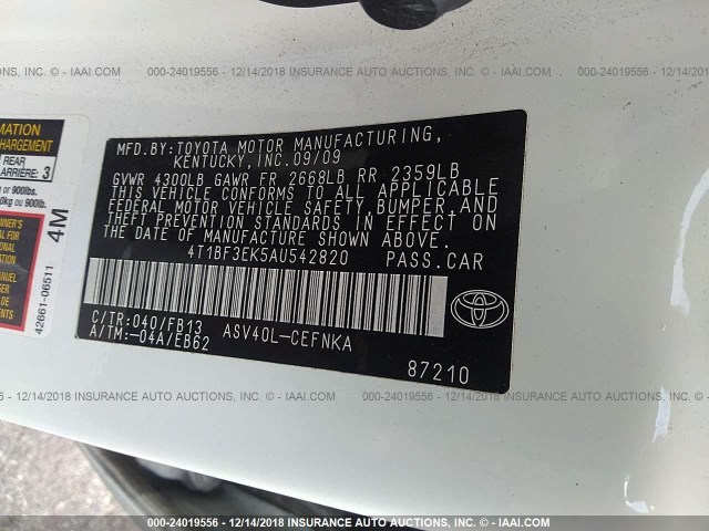 4T1BF3EK5AU542820 - 2010 TOYOTA CAMRY SE/LE/XLE WHITE photo 9