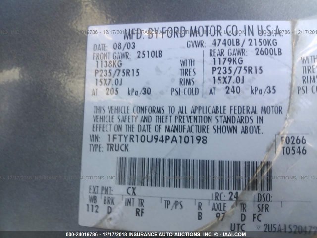 1FTYR10U94PA10198 - 2004 FORD RANGER GRAY photo 9