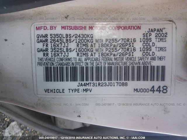 JA4MT31R23J017088 - 2003 MITSUBISHI MONTERO SPORT XLS WHITE photo 9