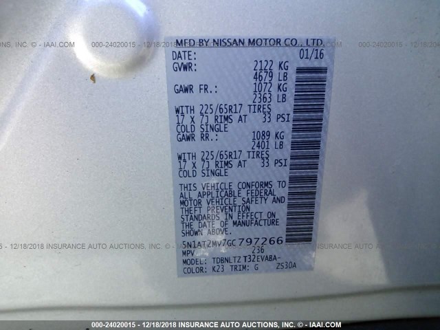 5N1AT2MV7GC797266 - 2016 NISSAN ROGUE S/SL/SV SILVER photo 9