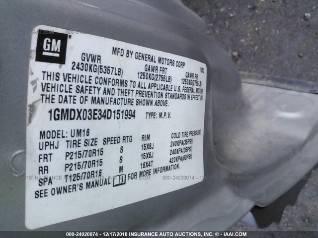 1GMDX03E34D151994 - 2004 PONTIAC MONTANA GRAY photo 9