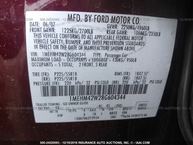 1MEHM42W28G604344 - 2008 MERCURY SABLE PREMIER BURGUNDY photo 9