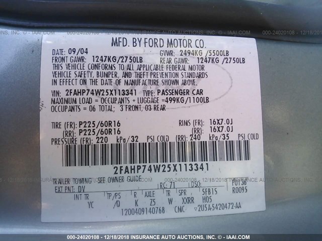 2FAHP74W25X113341 - 2005 FORD CROWN VICTORIA LX GREEN photo 9