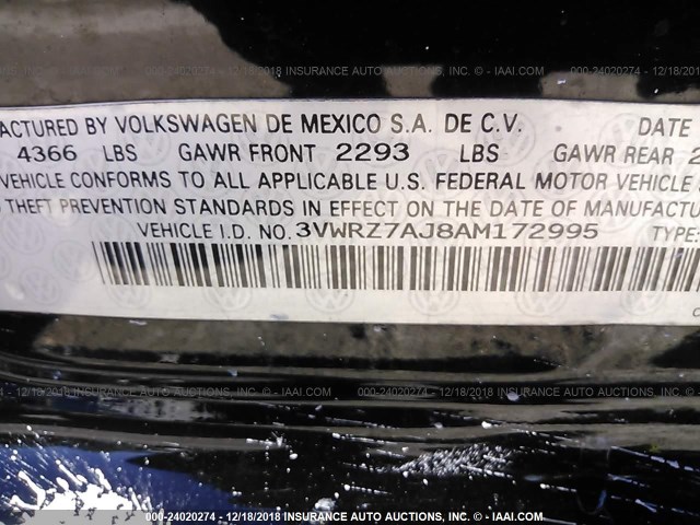 3VWRZ7AJ8AM172995 - 2010 VOLKSWAGEN JETTA SE/SEL BLACK photo 9