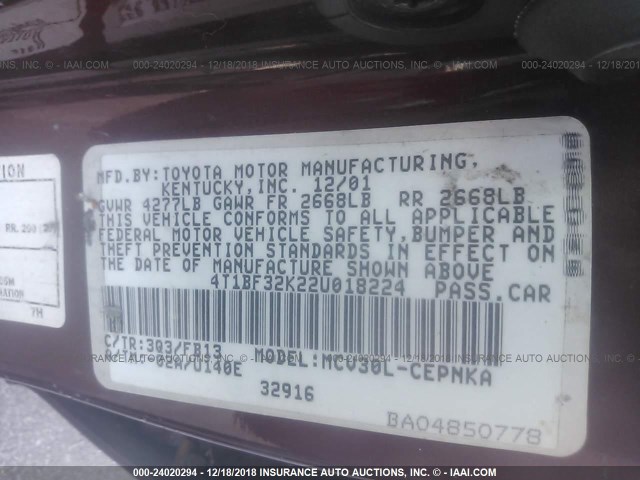 4T1BF32K22U018224 - 2002 TOYOTA CAMRY LE/XLE/SE RED photo 9