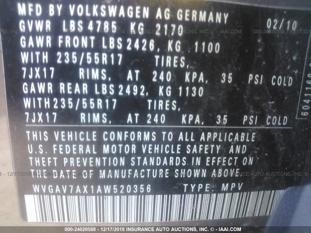 WVGAV7AX1AW520356 - 2010 VOLKSWAGEN TIGUAN S/SE/SEL GRAY photo 9