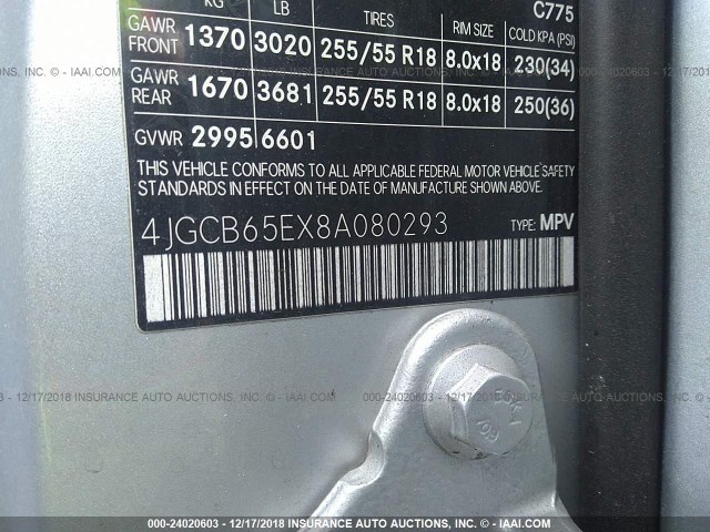 4JGCB65EX8A080293 - 2008 MERCEDES-BENZ R 350 SILVER photo 9