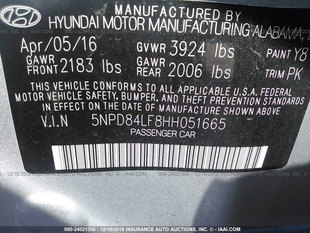 5NPD84LF8HH051665 - 2017 HYUNDAI ELANTRA SE/VALUE/LIMITED SILVER photo 9