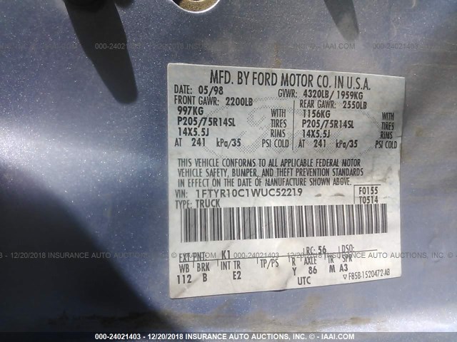 1FTYR10C1WUC52219 - 1998 FORD RANGER BLUE photo 9