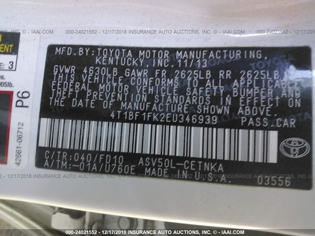 4T1BF1FK2EU346939 - 2014 TOYOTA CAMRY L/SE/LE/XLE Ağ foto 9