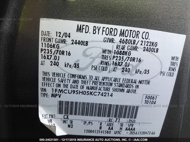 1FMCU95H05KC74214 - 2005 FORD ESCAPE HEV GRAY photo 9