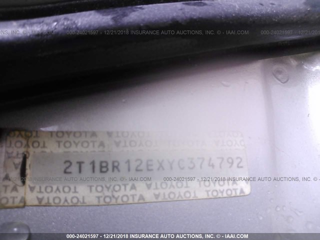 2T1BR12EXYC374792 - 2000 TOYOTA COROLLA VE/CE/LE SILVER photo 9