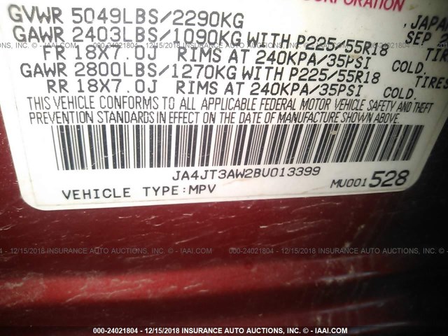 JA4JT3AW2BU013399 - 2011 MITSUBISHI OUTLANDER SE RED photo 9