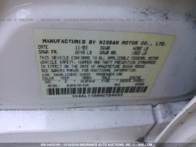 1N4AL11D84C154033 - 2004 NISSAN ALTIMA S/SL WHITE photo 9