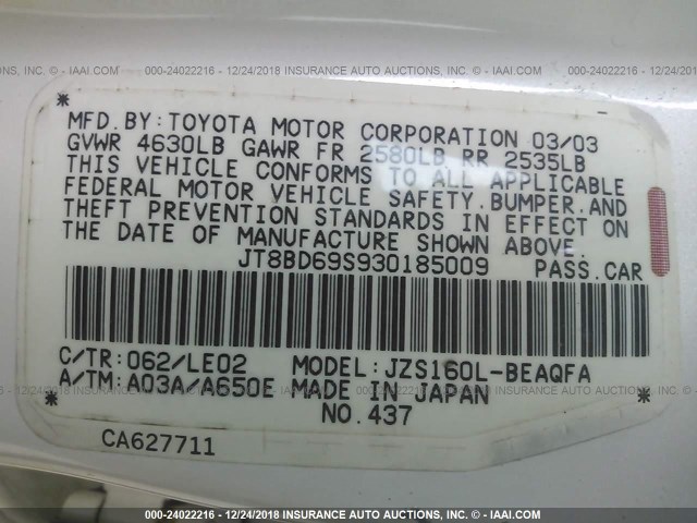 JT8BD69S930185009 - 2003 LEXUS GS 300 WHITE photo 9