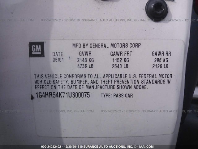 1G4HR54K71U300075 - 2001 BUICK LESABRE LIMITED WHITE photo 9