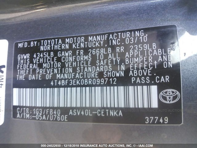 4T4BF3EK0BR099712 - 2011 TOYOTA CAMRY SE/LE/XLE GRAY photo 9