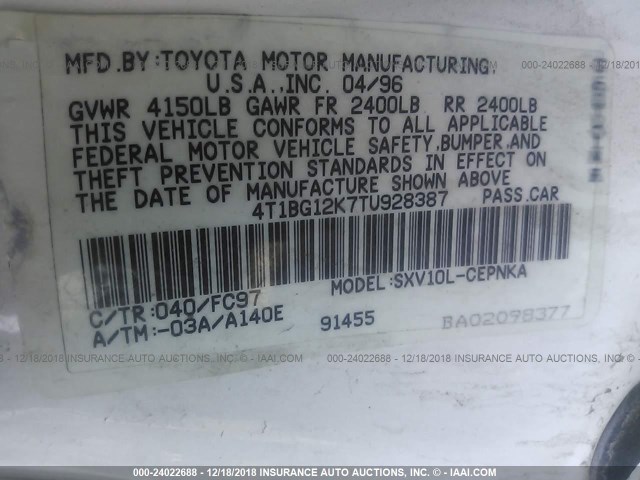 4T1BG12K7TU928387 - 1996 TOYOTA CAMRY DX/LE/XLE WHITE photo 9