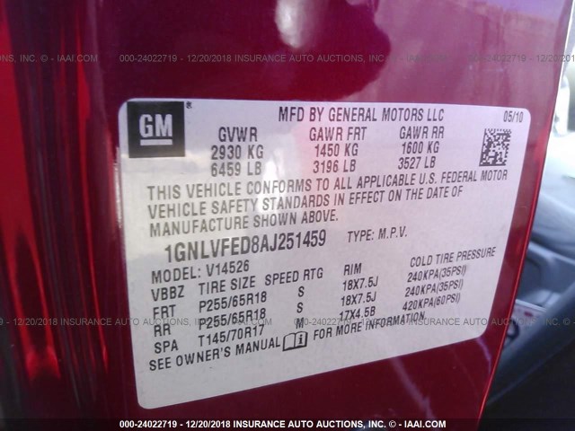 1GNLVFED8AJ251459 - 2010 CHEVROLET TRAVERSE LT RED photo 9