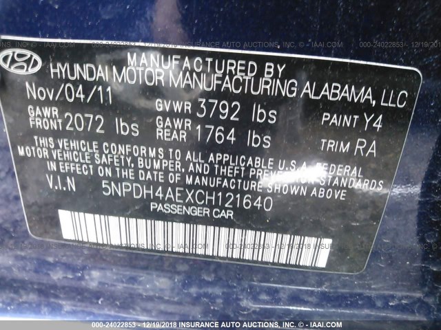 5NPDH4AEXCH121640 - 2012 HYUNDAI ELANTRA GLS/LIMITED BLUE photo 9