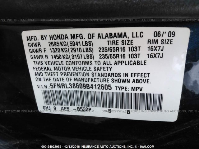 5FNRL38609B412605 - 2009 HONDA ODYSSEY EXL BLUE photo 9