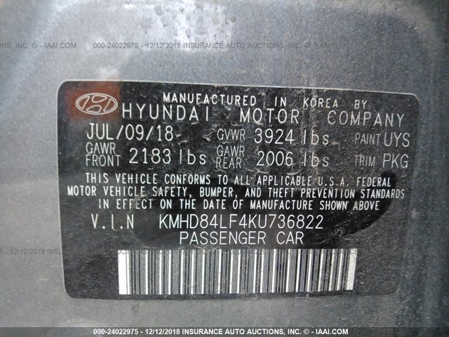 KMHD84LF4KU736822 - 2019 HYUNDAI ELANTRA SEL/VALUE/LIMITED GRAY photo 9