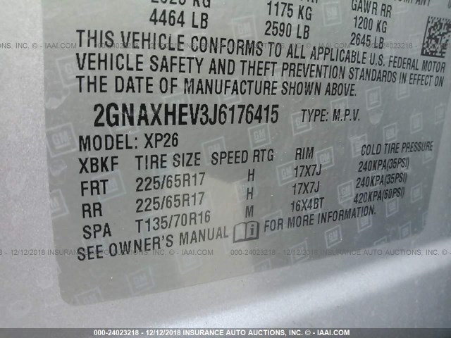 2GNAXHEV3J6176415 - 2018 CHEVROLET EQUINOX LS SILVER photo 9