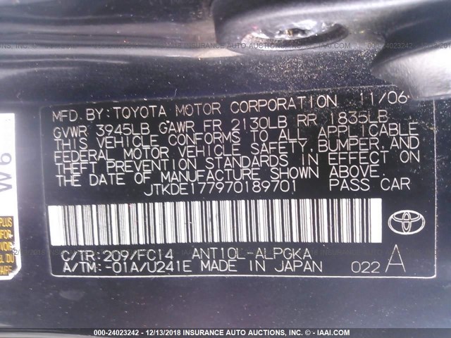 JTKDE177970189701 - 2007 TOYOTA SCION TC 黑色 照片 9