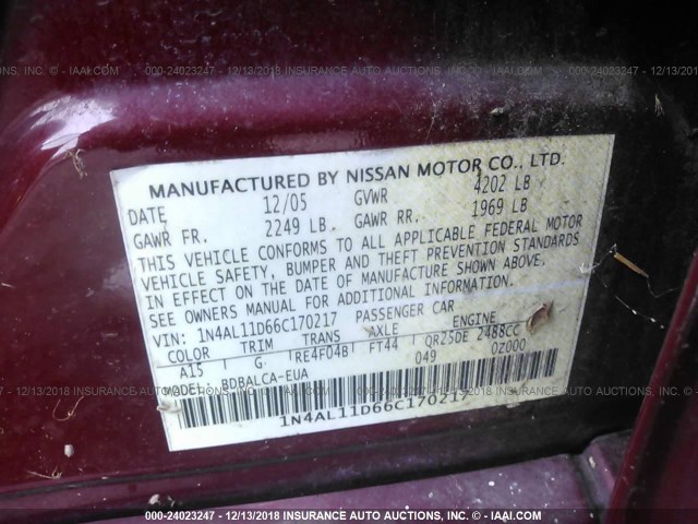 1N4AL11D66C170217 - 2006 NISSAN ALTIMA S/SL MAROON photo 9