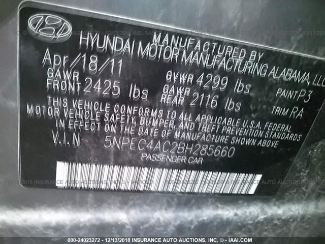 5NPEC4AC2BH285660 - 2011 HYUNDAI SONATA SE/LIMITED GRAY photo 9