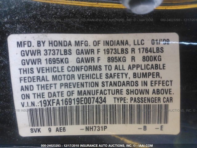 19XFA16919E007434 - 2009 HONDA CIVIC EXL BLACK photo 9