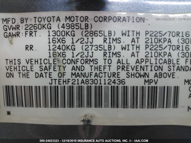 JTEHF21A830112436 - 2003 TOYOTA HIGHLANDER LIMITED BLUE photo 9