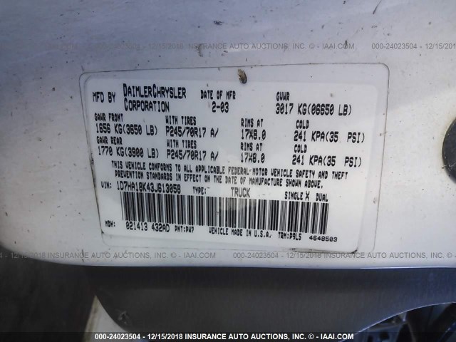 1D7HA18K43J613058 - 2003 DODGE RAM 1500 ST WHITE photo 9