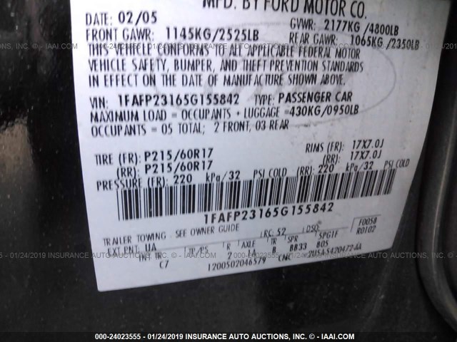 1FAFP23165G155842 - 2005 FORD FIVE HUNDRED  BLACK photo 9