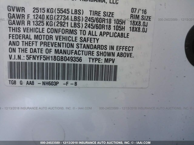 5FNYF5H18GB049356 - 2016 HONDA PILOT LX WHITE photo 9